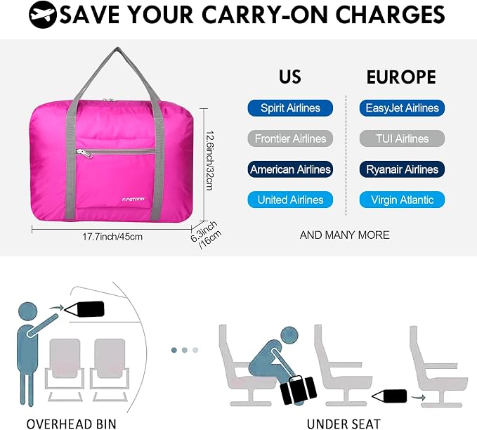 F.FETIVIN Personal item travel bag 17.7x12.6x6.3 for Spirit Airlines Lightweight carry on duffle bag for Gym,Sports,Vacation(Hot Pink) - Image 2