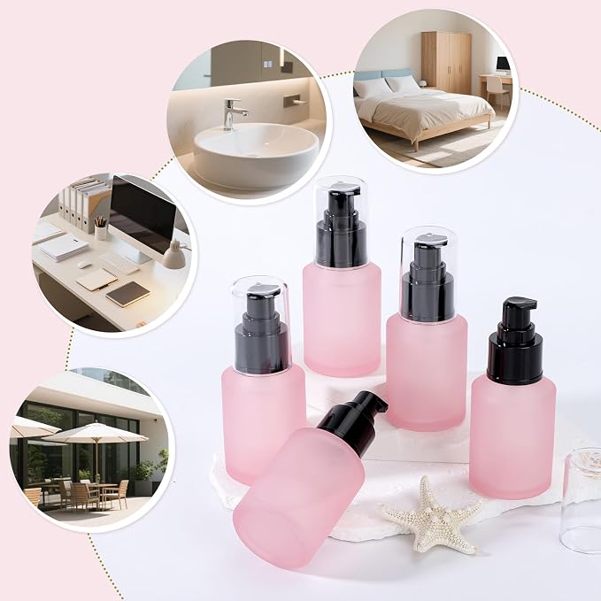 Segbeauty 2oz Frosted Glass Refillable Pump Bottles for Toiletries, 5pcs Travel Size Empty Bottles with Pumps for Cosmetics, 60ml Pink Travel Containers for Oils Bottle Dispenser Liquid Containers - Image 6