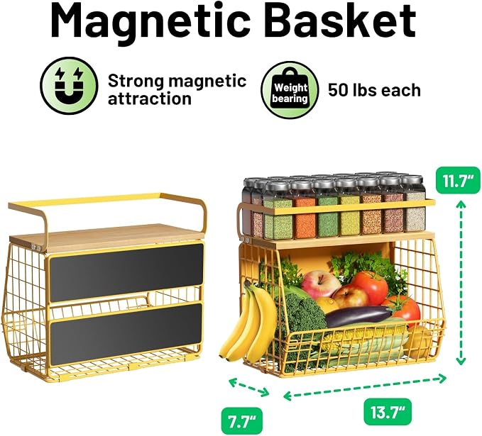 Magnetic Shelf for Fridge with Wood Lid, Fruit Potato and Onion Storage Bins, Pantry Organizers & Storage, Large Container Magnetic Spice Rack for Refrigerator, Kitchen Counter, Cabinet (Yellow, 2) - Image 5