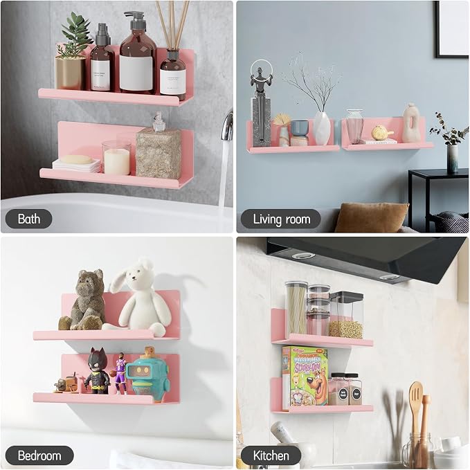 PAVSTINE Adhesive Floating Shelves for Wall No Drilling, 12 Inch Acrylic Self Adhesive Shelves, Stick on Shelves, Dorm Wall Shelf, for Bathroom, Kitchen, Bedroom, Office, Gaming Room, Pink - Image 6
