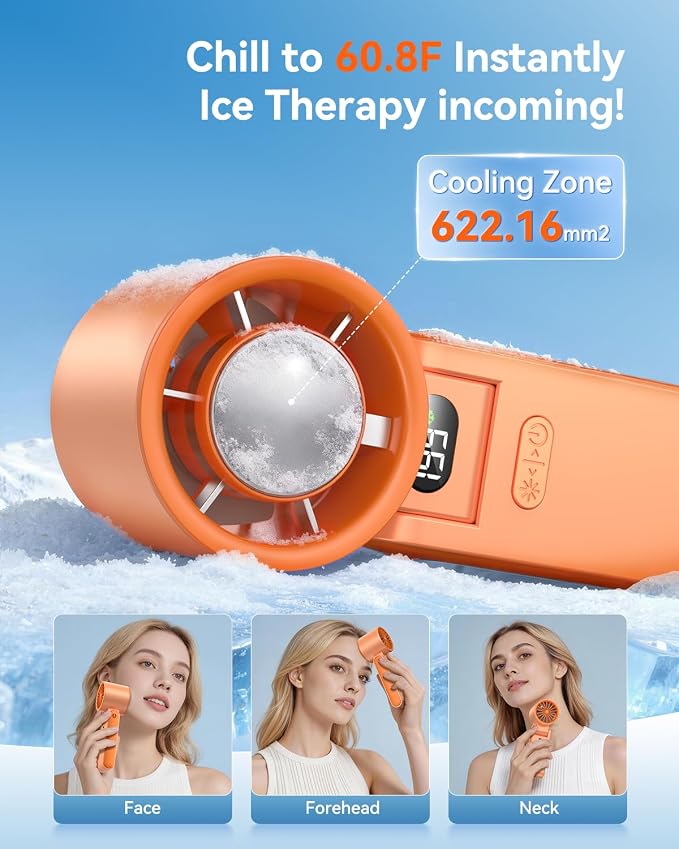 Portable Handheld Fan with Ice Cooler, 199 Speed Personal Fan,5500mAh Rechargeable,20H Cooling Time,20000 RPM Powerful Motor, Summer Essential for Travel/Outdoor/Office, Orange - Image 3