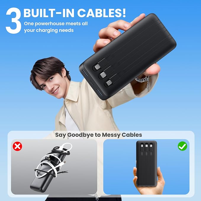 Portable Charger 60800mAh Power Bank with 3 Built-in Cable,25W PD USB C Power Bank Fast Phone Charging,QC4.0 Travel Outdoor Essential Portable Phone Battery Pack for iPhone 17/16/15/14,Galaxy Android - Image 6