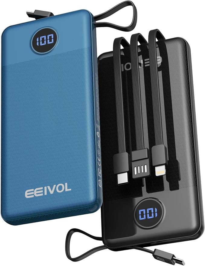 Portable Charger with Built in Cables, Slim 10000mAh Power Bank, USB C Battery Pack Travel, 4 Output 2 Input External Charging Bank for iPhone 17/16/15/14/13,Samsung, Android, etc-Black&Blue(2 Pack) by EEIVOL