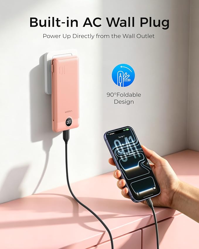 VEGER Portable Charger for iPhone, Power Bank Built in Cables and Wall Plug | 10000mAh,Ultra Slim&Compact,5 Outputs,LED Display,Power Bank for iPhone,Samsung,Travel Essentials for Camping Cruise Business - Image 2