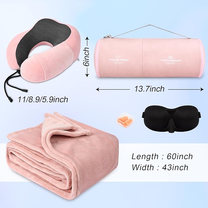 urnexttour Travel Pillow and Blanket Set Neck Pillow Airplane Foam Pink | 43x60 Inch Plane Blanket, Traveling Compact Storage Bag, Eye Mask, and Earplugs for Ultimate Flight Comfort, Women and Men - Image 5