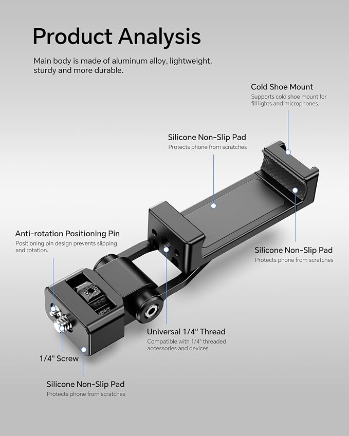 Metal Phone Tripod Mount with 1/4"-20 Male Screw, Camera Cage Phone Clamp, 360° Rotation 180° Tilt Smartphone Holder with Side Cold Shoe for iPhone 17 16 15, Samsung S25 S24,Magic Arm,Super Crab Clamp - Image 5