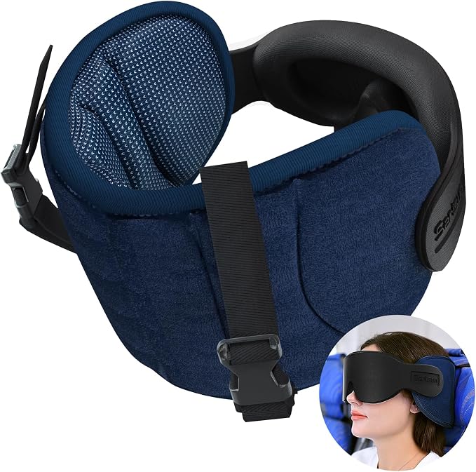 SARISUN Travel Pillows for Airplanes, Stable Head Support, Travel Essential | Airplane Pillow with Eye Mask, Seat Strap Secures to Headrest, Stop Bobblehead, for Long Flight Road Trip, Mottled Blue by SARISUN