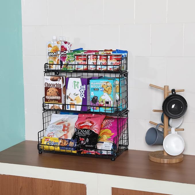X-cosrack Stackable Wire Basket 3 Tier Countertop& Wall Mounted Metal Storage Basket for Kitchen Pantry Cabinet, Muti-functional Open Front Bin Organizer for Food Fruit Snack, Black - Image 5
