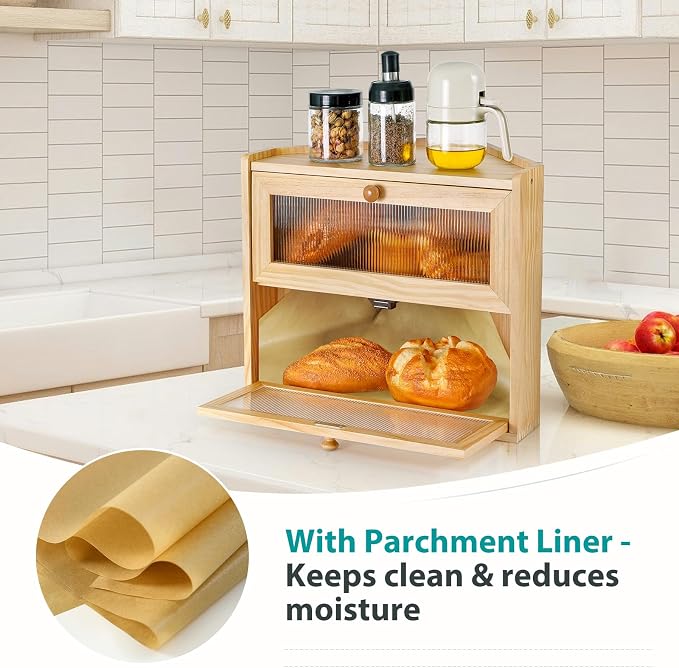Sunhoo Bread Box for Kitchen Countertop Corner Large Wooden Bread Bin 2 Tier Rustic Food Storage Container with Acrylic Window Farmhouse Keeper Shelf Organizer for Loaves Pastries & Snacks (Yellow) - Image 3