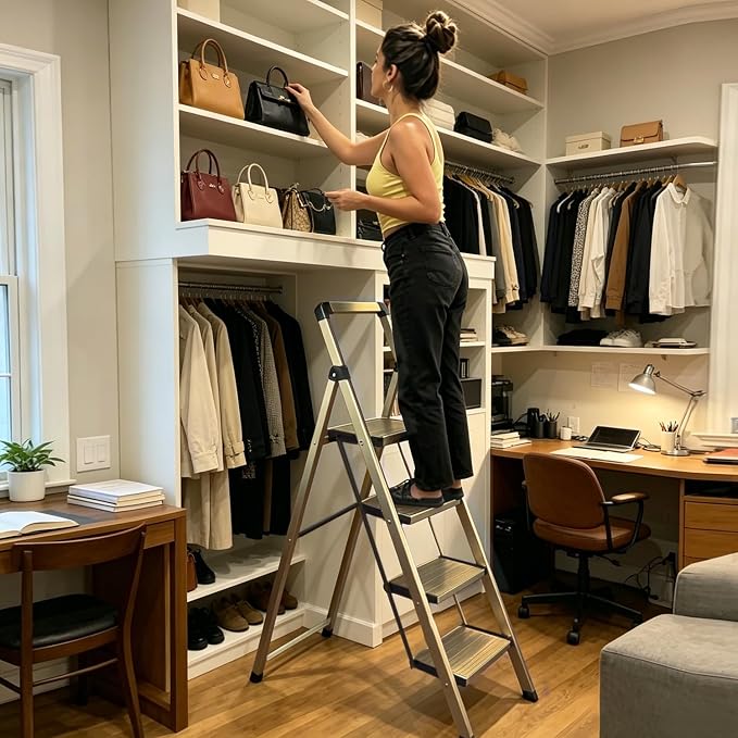 Step Ladder 3-Step Champagne Finish Aluminum Folding Ladders | Anti-slip Sturdy Foldable Ladder Step Stool for Kitchen Home Office Libaray - Image 4