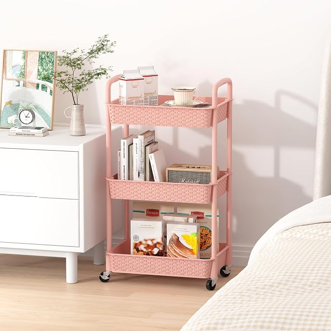 MOYIPIN 3-Tier Plastic Rolling Utility Cart with Handle,Utility,Pink | Utility Storage Cart for Office, Living Room, Kitchen,Movable Storage Organizer，Easy installation，Rattan-like art design - Image 6