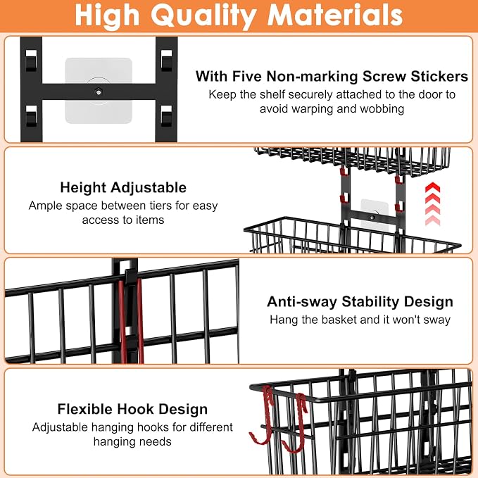 Hongtamoya 8 Tier Over The Door Organizer, Adjustable Hanging Door Organizer with 8 Wire Baskets 6 Hooks, Behind The Door Storage for Pantry Closet Bedroom Bathroom Cabinet Kitchen Laundry Room, Black - Image 5