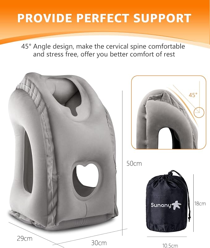 Sunany Travel Pillow, Inflatable Neck Pillow Used for Airplanes/Cars/Buses/Trains/Office Napping with Eye Mask/Earplugs (Gray) - Image 5