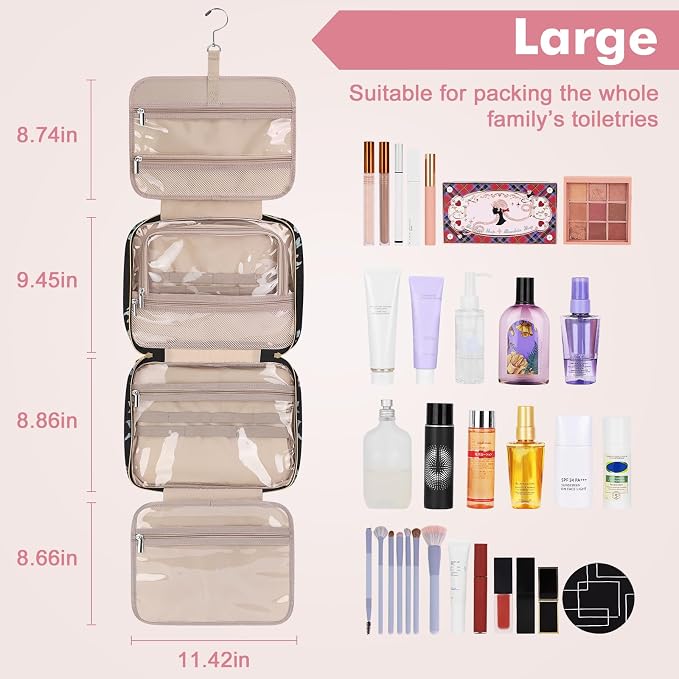 Toiletry Bag for Women, Large Cosmetic Travel Bag, Hanging Toiletry Bag for Bathroom, PVC Waterproof Makeup Bag, Toiletries Bag for Travel Business Trips and Camping, Black+Pink Floral - Image 2