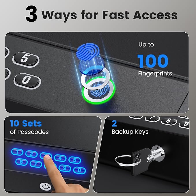 Handheld Portable Biometric Gun Safe for Handgun 3 Ways of Access | Fingerprint Pistol Safe Quick Access with LCD Temperature Humidity for Bedside, Travel, Car, Fit 2 Handguns - Image 3