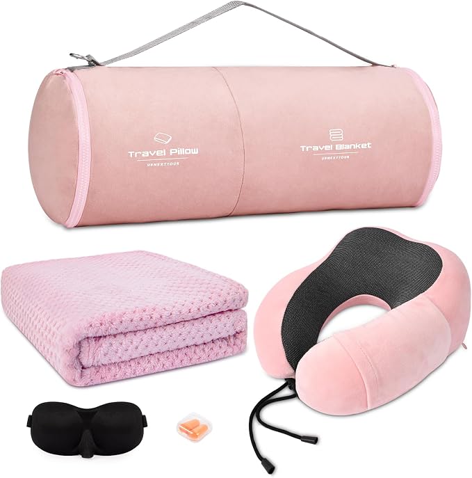 urnexttour Travel Pillow and Blanket Set Neck Pillow Airplane Memory Pink | 43x60 Inch Plane Blanket, Traveling Compact Storage Bag, Eye Mask, and Earplugs for Ultimate Flight Comfort, Women and Men by Urnexttour