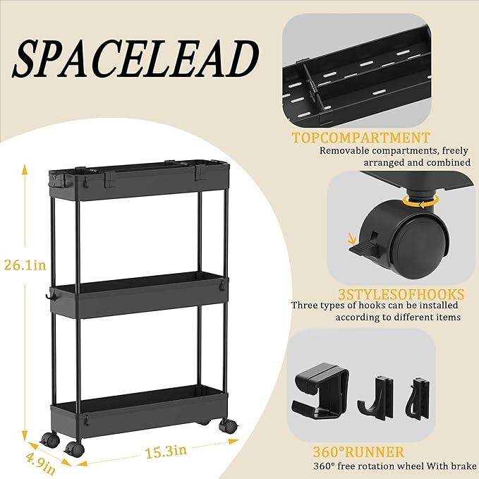 Slim Storage Cart 3 Tier,Bathroom Organizer Rolling Utility,Mobile Shelving Unit Slide Out for Office, Kitchen, Laundry Room & Narrow Places,Black - Image 3