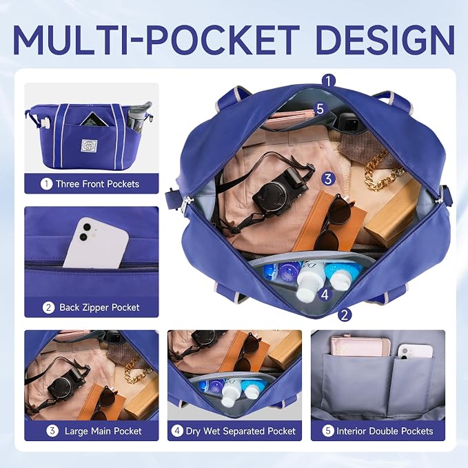 WALNEW Travel Duffel Bag, Weekender Overnight Carry On Bag for Women Men, Foldable Waterproof Gym Luggage Duffle Bag with Metal Buckle Detachable Shoulder Strap and Wet Compartment (Klein Blue) | Overnight Carry On Bag, Foldable Waterproof Gym Luggage ... - Image 6