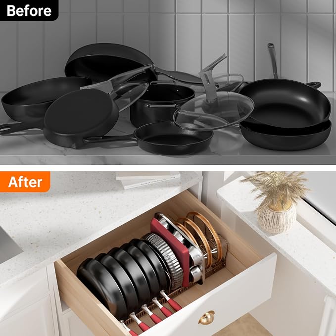 MUDEELA Expandable Pot Pan Lid Organizers inside Cabinet, 12 Divider-Bronze | Expandable 11.8–22.9", 12 Adjustable Divider, Tool-Free Assembly, Non-Slip, Scratch-Proof, For Pan Lid Cutting Board Bakeware - Image 6
