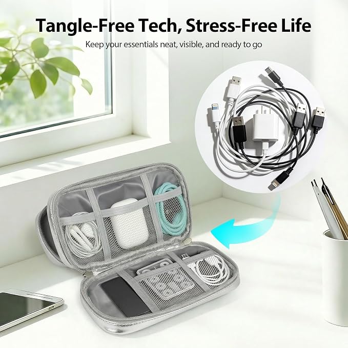 Double Layer PU Leather Electronics Organizer Bag Silver Gray | Water-resistant with 8 compartments and padded lining for tangle-free 3ft+ cords, chargers & phones. Includes 8 ties. - Image 5