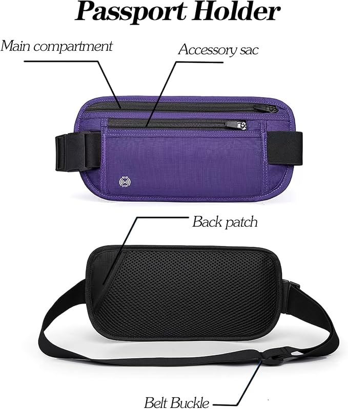 Purple Hidden Money Belt for Travel for Men, Waist Wallet Anti Theft, RFID Passport Holder For Travel Men Or Women, Money Pouch, RFID Passport Holder - Image 3