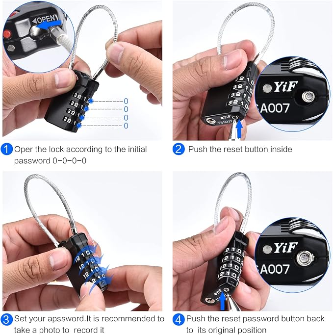 Diyife 2 Pack TSA Luggage Locks, 4 Digit Travel Combination Padlock | with 14cm Flexible Cable for Suitcase Luggage Backpack School or Gym Cabinet (Black) - Image 6