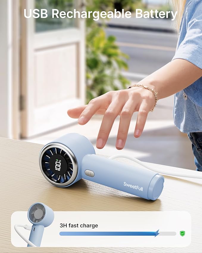 SWEETFULL Portable Handheld Fan, Mini Rechargeable Personal Hand Fan | Strong Airflow, Up to 12H, Pocket-Sized, 5 Speeds, Quiet Cooling Travel Essentials, Cute Gifts for Women, Girls, Lash, Makeup - Image 5