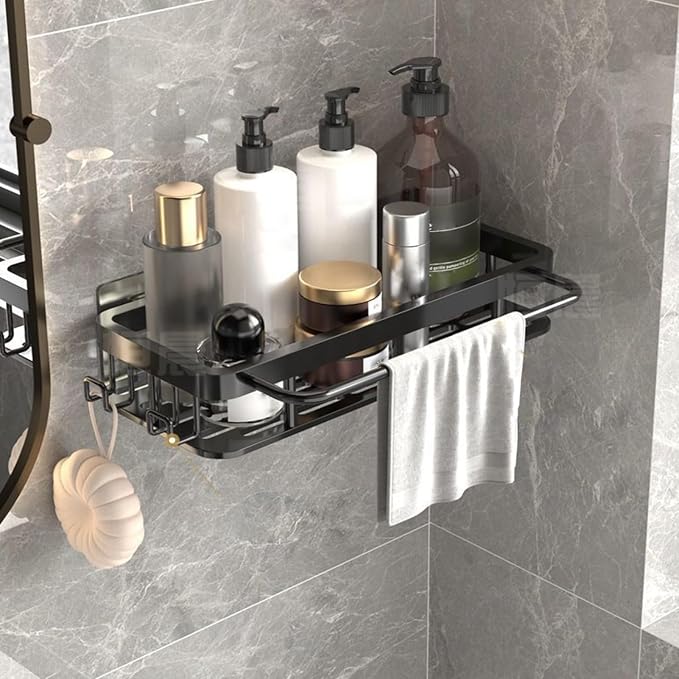 Shower Organizer and Storage: Aluminum Shower Caddy Adhesive Bathroom Shelves No Drill Wall Mount Bathroom Rack with Hooks and Towels Rod for Inside Shower (2 Pack) - Image 9