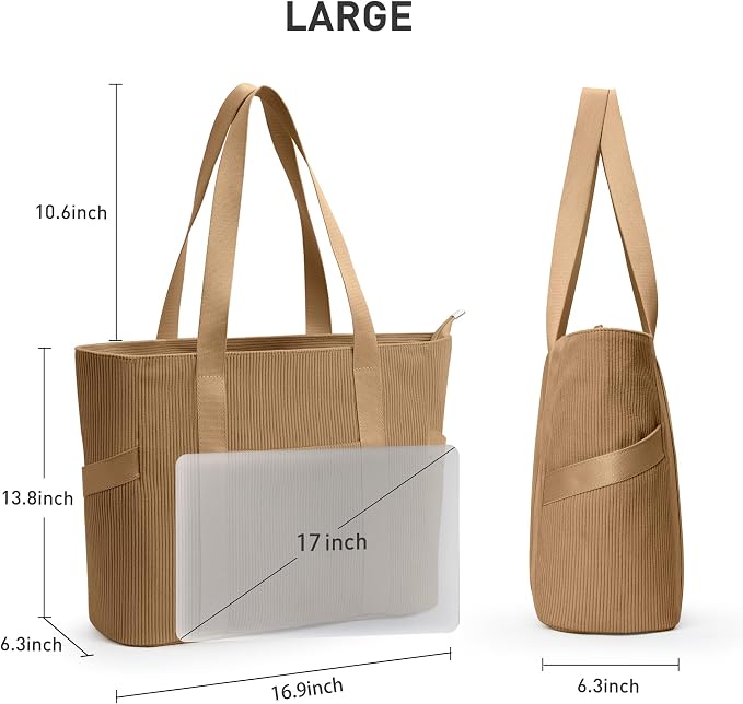 Tote Bag for Women, Casual Hobo Handbags with Compartments | Water Repellent Corduroy Large Capacity Fits 15.6" Laptop Zipper Closure for Travel Work School - Image 4