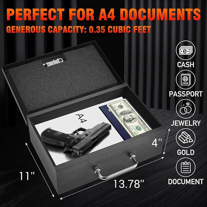 TOTOY 0.35 CuFt Portable Steel Fireproof 3-Digit Lock Handheld Document Box | Rotable Carrying Handle Storage Lock Box for A4 Documents Passport Cash Money Laptop Tablet Jewelry, 13.8''W x 11''D x 4''H - Image 6