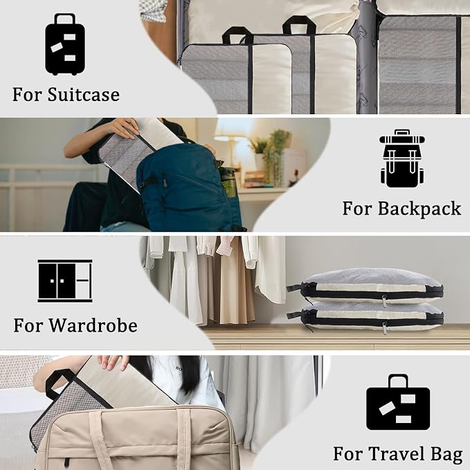 U+U 6 Set Compression Packing Cubes, Travel Organizers (Cream) | Space-Saving & Drawstring Bag Included - Image 8
