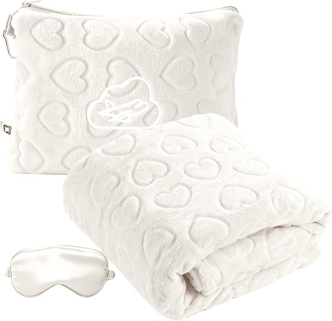 Travel Blanket, Airplane Blanket, Ultra-Soft, Warm & Lightweight, 65x40 in, Outdoor Blanket Essentials for Women, Men & Kids, Included Eye Mask, Luggage Sleeve & Backpack Clip Heart Cream by ENZOLVE