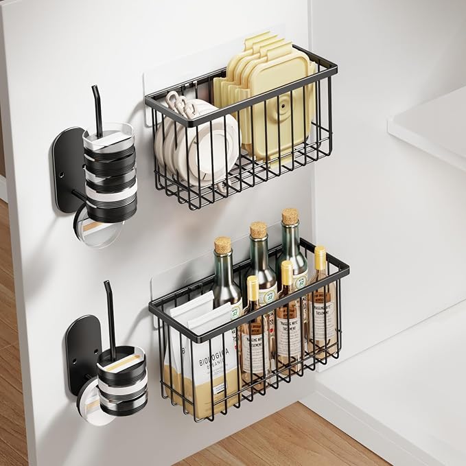 Mustorn 4 Pack Adhesive Cabinet Door Organizer, Lid Organizers Inside Cabinet Food Container/Tumbler Lid Organizer and Storage Cup Lids Holder for Kitchen & Bathroom Wall Mounted(Black) by MUSTORN