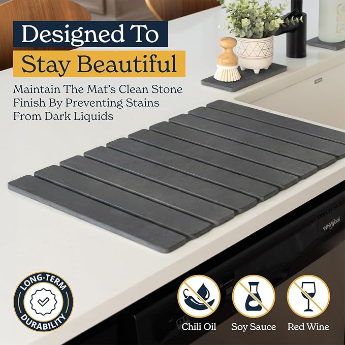 Oleex 3-Pack Stone Dish Drying Mat Set Includes 1 Large 24”x16” & 2 Small 4”x9” for Kitchen Counter-Collapsible Diatomaceous Earth Pad Absorbs Water & Dries Dishes Fast, Non-slip, Odor-Resistant Mats - Image 7