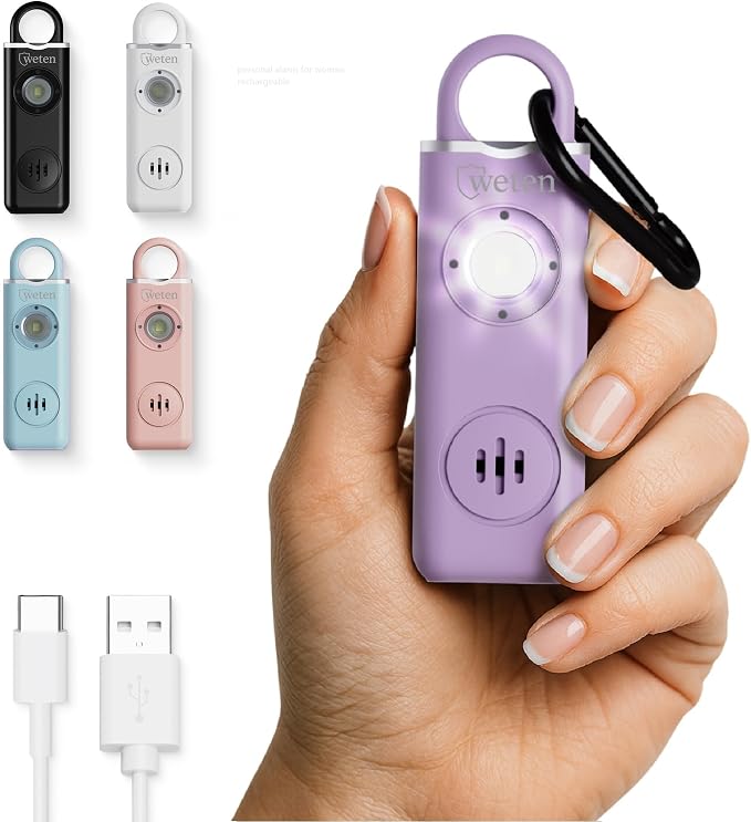 Rechargeable Personal Alarm Keychain for Women, 130dB Siren, Lavender | LED Light, Carabiner Clip, Low Battery Alert, USB-C Charging, TSA Safe Self Defense Whistle Alternative by WETEN