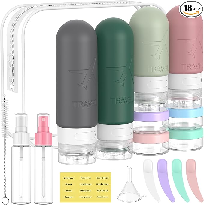 ME.FAN 18 Pack Travel Bottles for Toiletries, TSA Approved, Morandi | Travel Size Containers Set, Silicone Squeezable Portable Split Bottle, Travel Accessories for Conditioner, Shampoo, Lotion by MEFAN