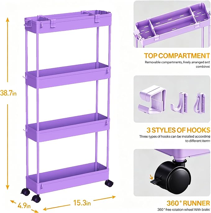 Slim Storage Cart 3 Tier,Bathroom Organizer Rolling Utility,Mobile Shelving Unit Slide Out for Office, Kitchen, Laundry Room & Narrow Places,Purple - Image 7