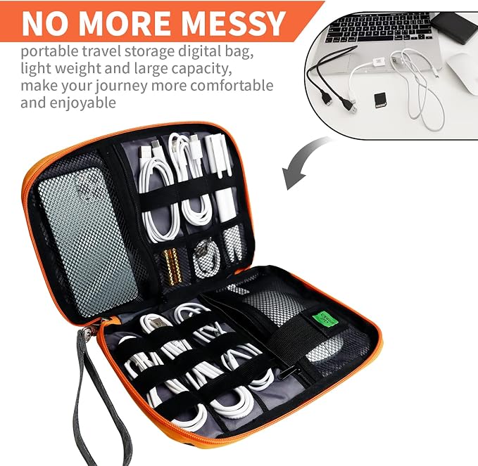 Lcsmaokin Electronics Travel Organizer,Portable Waterproof Electronic Travel Storage Bag for Small Charging Cord Storage,Charger,SD Card etc,for Travel,Business-Grey Orange - Image 2