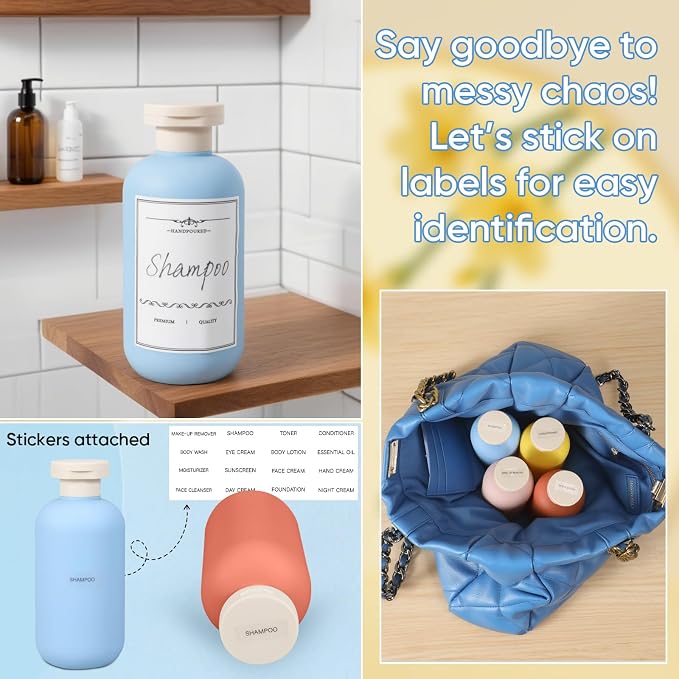 DEMORA 6.6oz Travel Bottles for Toiletries, Larger Plastic Travel Squeeze Bottles Toiletry Containers with Flip Caps and Labels for Shampoo Conditioner Lotion (Blue+Yellow+Orange+Pink, 4 Pcs) - Image 3
