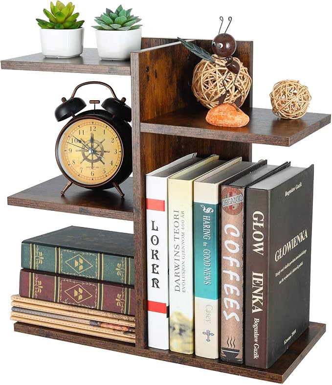 Wood Desktop Shelf Small Bookshelf Desk Supplies Organizers and Accessories Storage Display Rack Office Decor for Women, Antique Brown by PAG
