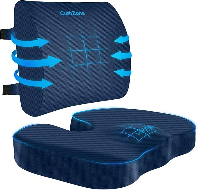 CushZone Seat Cushion and Lumbar Support Pillow for Office Chair, Blue | Ergonomic Memory Foam for Sciatica Pain Relief & Posture Correction, Non-Slip Chair Cushions for Car, Wheelchair and Travel by CushZone