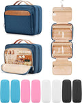 Travel Hanging Toiletry Bag for Women and Men, with 8 Leak Proofing Silicone Bottle Covers, Waterproof Makeup Accessories, Cosmetic Essentials, Toiletries Dopp Kit Set with Jewelry Organizer, Navy by COOSKY