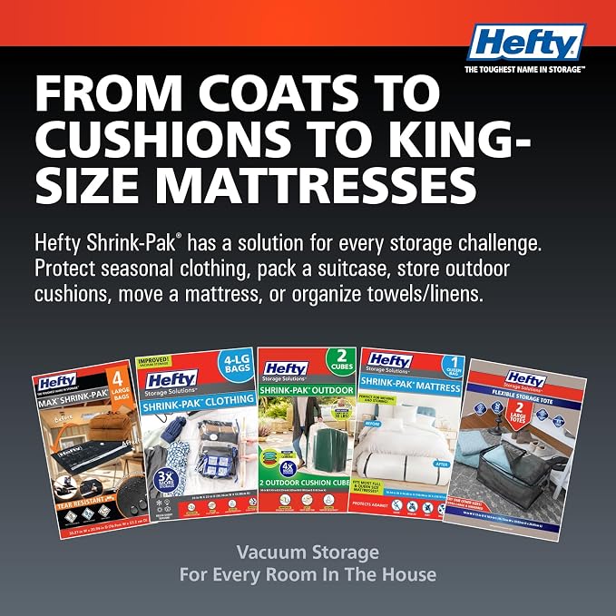 Hefty MAX Shrink-Pak Vacuum Seal Storage Bags for Clothing, Travel, Bedding | Tear & Water Resistant, Dual-Valve Space Saver Compression Bags - Large, 4-Pack - Image 7