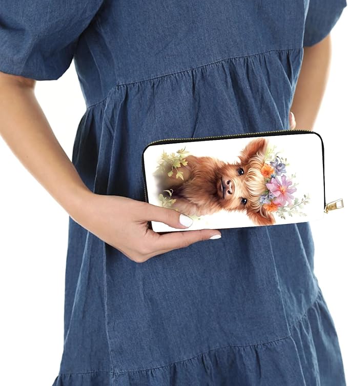 Women's RFID Blocking PU Leather Zip-Around Wallet, Large Capacity Clutch with Phone Holder, Travel Purse & Card Organizer with Removable Wristlet,Cute Highland Cow Baby - Image 6