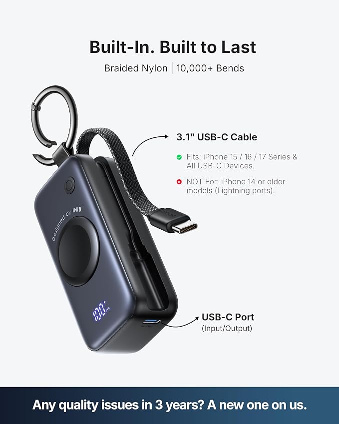 INIU 20W SnapGo Portable Charger, 5000mAh Mini Power Bank for Apple Watch | 20W Fast Charging, Travel Keychain, Built-in USB-C Cable, Flight-Safe, Battery Pack for Apple Watch, iPhone 17 etc - Image 7
