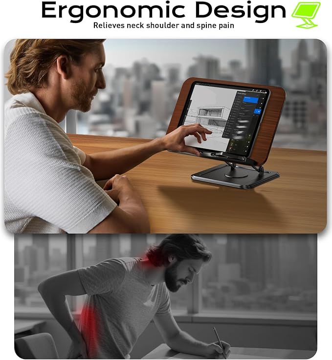 LOXP Book Stand for Reading, 360° Rotating Holder with Page Clip, Ergonomic | Adjustable height angle, Hands-free, anti-slip base, Fits tablets cookbooks magazines laptops, wood and metal, Black - Image 3