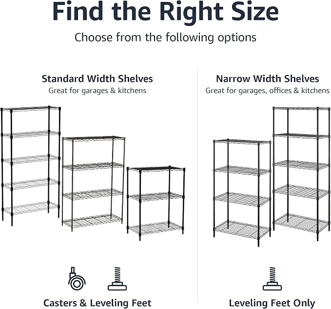 Amazon Basics 4-Shelf Heavy Duty Garage Shelving Storage Unit on 3" Wheel Casters, Adjustable Metal Wire Rack with Leveling Feet, 36" x 14" x 57.75", Black - Image 6