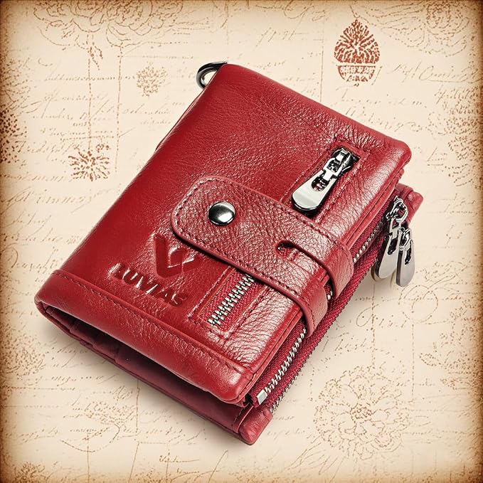 Anti-Theft Mens Wallet with Chain Genuine Leather ID Window Purse with RFID Blocking Bifold Double Zipper Coin Pocket with Gift Box - Image 8