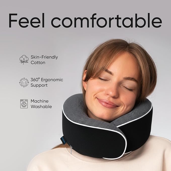 Airplane Pillow, Orthopedic Memory Foam Travel Neck Pillow, Black | 360 Head Support Sleep Set with 3D Contoured Eye Masks, Earplugs and Luxury Mesh Bag, Car and Long Flight Essentials - Image 2