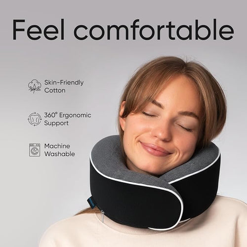 Airplane Pillow, Orthopedic Memory Foam Travel Neck Pillow, Black | 360 Head Support Sleep Set with 3D Contoured Eye Masks, Earplugs and Luxury Mesh Bag, Car and Long Flight Essentials - Image 2